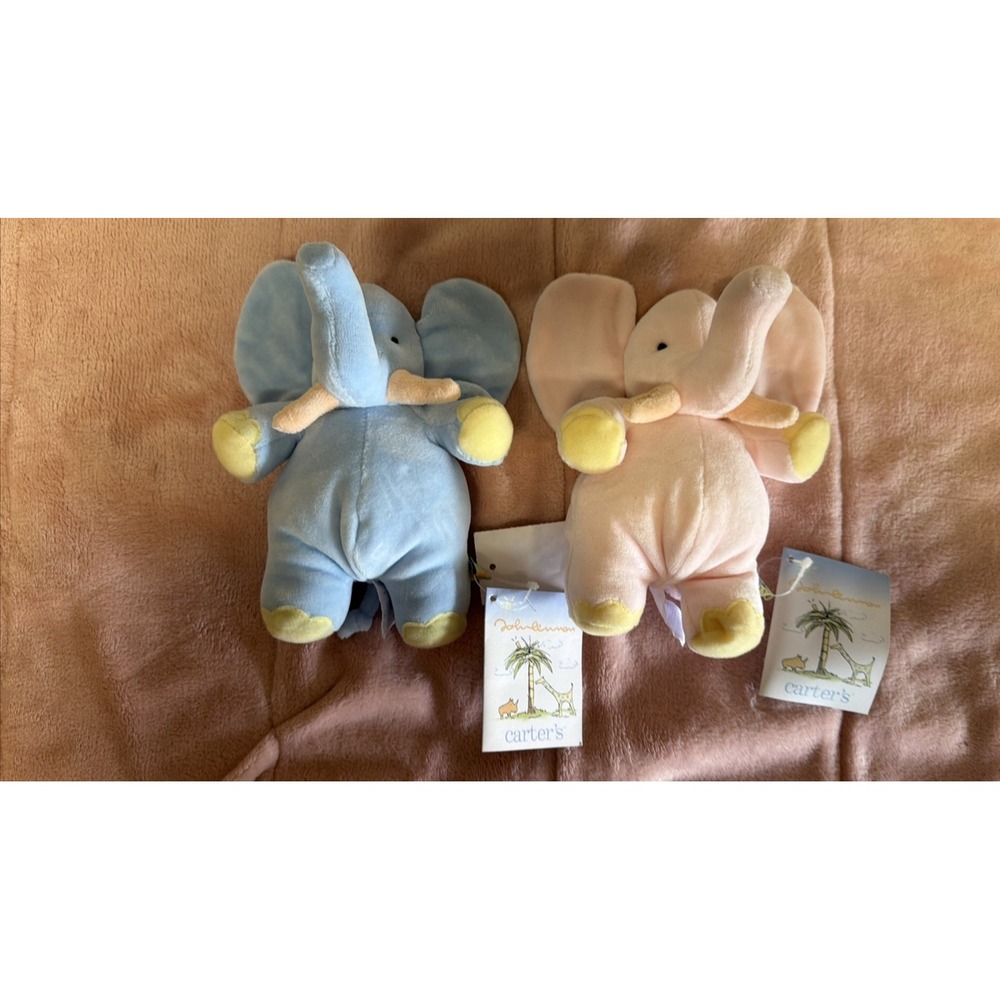 Carters John Lennon Rattle Plush Lot Pastel Pink and Blue Elephant Lovey New Tag